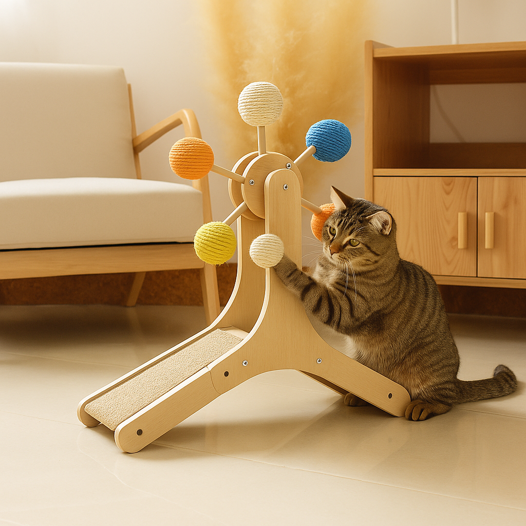 Tiragraffi in Legno Naturale con Sfere in Sisal e Pista Gioco Interattiva per Gatti | WoodSpin Tower