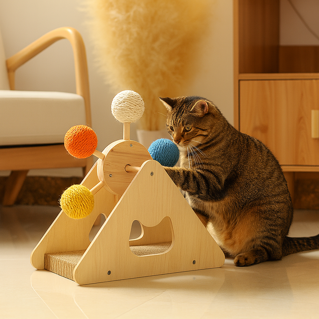 Tiragraffi in Legno Naturale con Sfere in Sisal e Pista Gioco Interattiva per Gatti | WoodSpin Tower