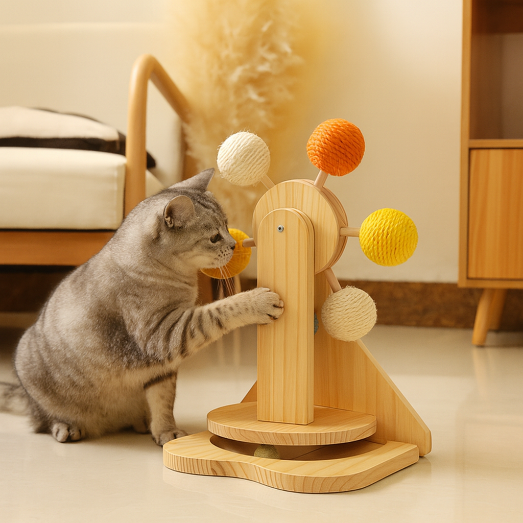 Tiragraffi in Legno Naturale con Sfere in Sisal e Pista Gioco Interattiva per Gatti | WoodSpin Tower